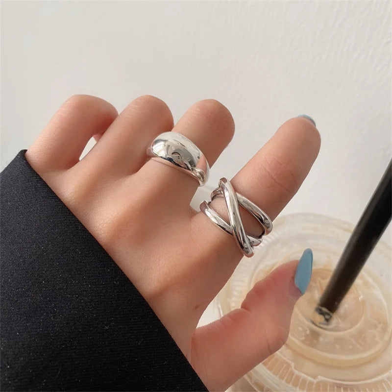 VENTFILLE 925 Sterling Silver Irregular Water Droplets Cross Ring Female Simple Retro Style Handmade Jewelry