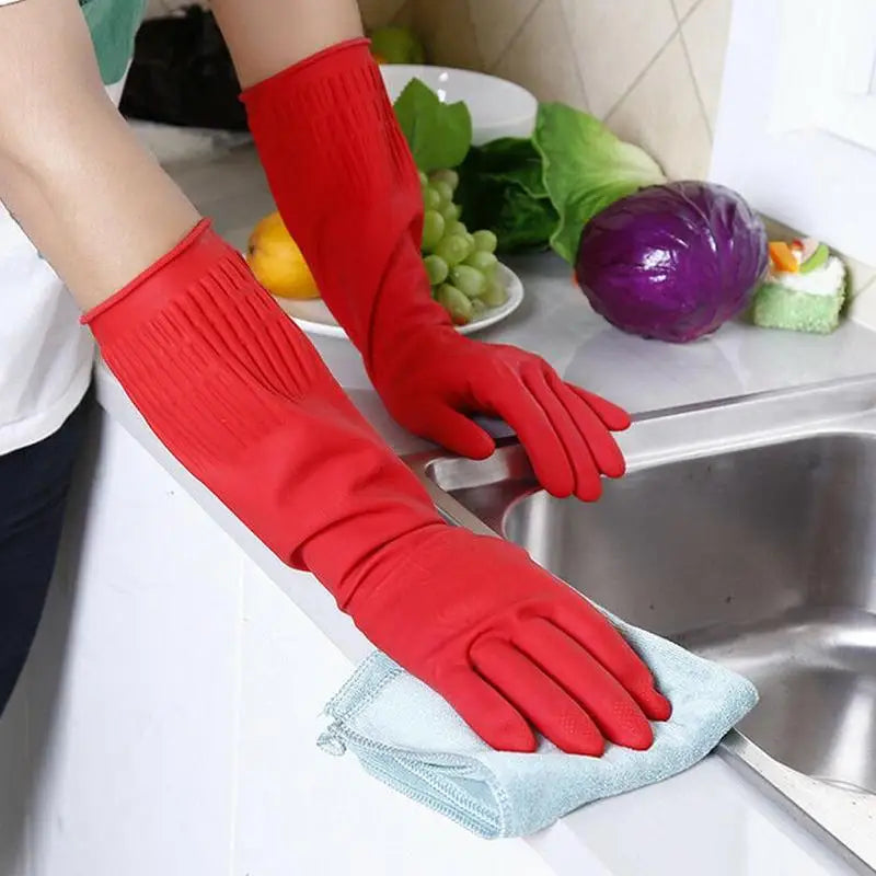 Red Gloves Washing Dishes Cleaning Waterproof Rubber Sleeve Gloves Latex Long Gloves  Kitchen Tool