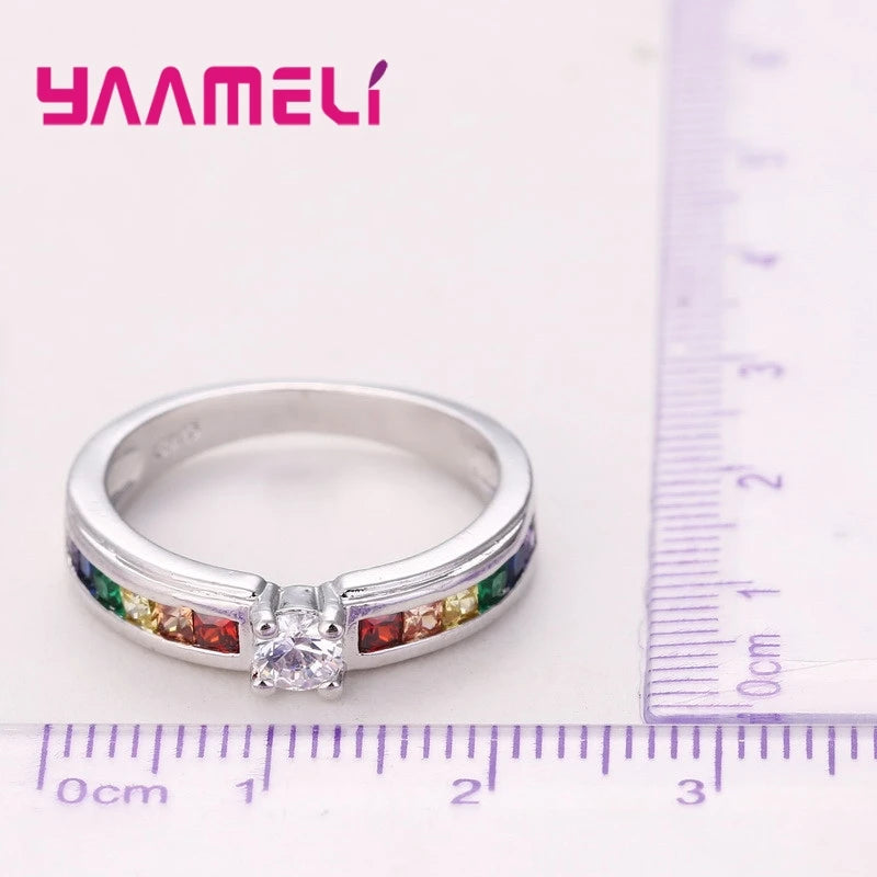 Real 100% 925 Sterling Silver Color Rainbow Cubic Zircon Rings For Women Wedding Lovely Engagement Proposal Ring Accessory