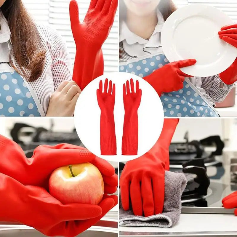 Red Gloves Washing Dishes Cleaning Waterproof Rubber Sleeve Gloves Latex Long Gloves  Kitchen Tool