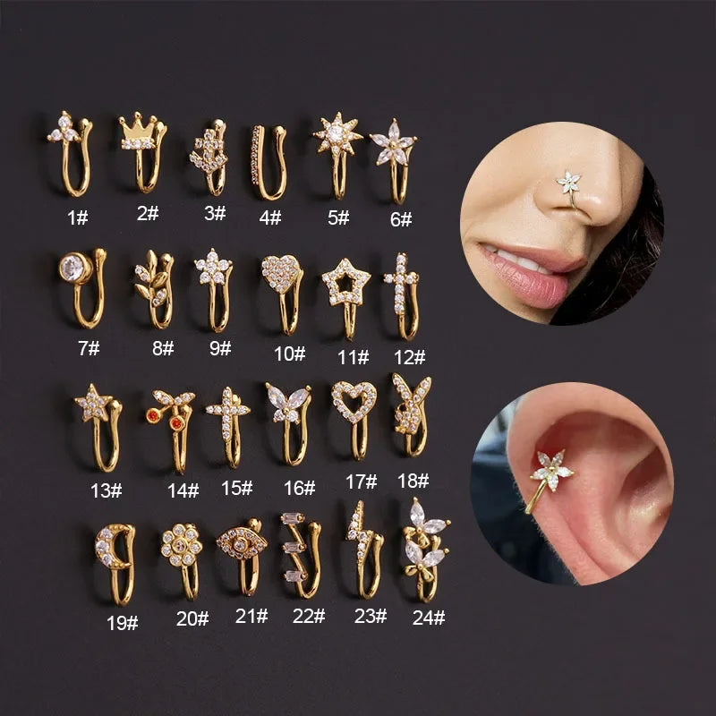 1PC Zircon Fake Nose Rings Non Piercing Clip On Nose Ring U-shaped Noseclip Women Flower Butterfly Crown Body Piercing Jewelry