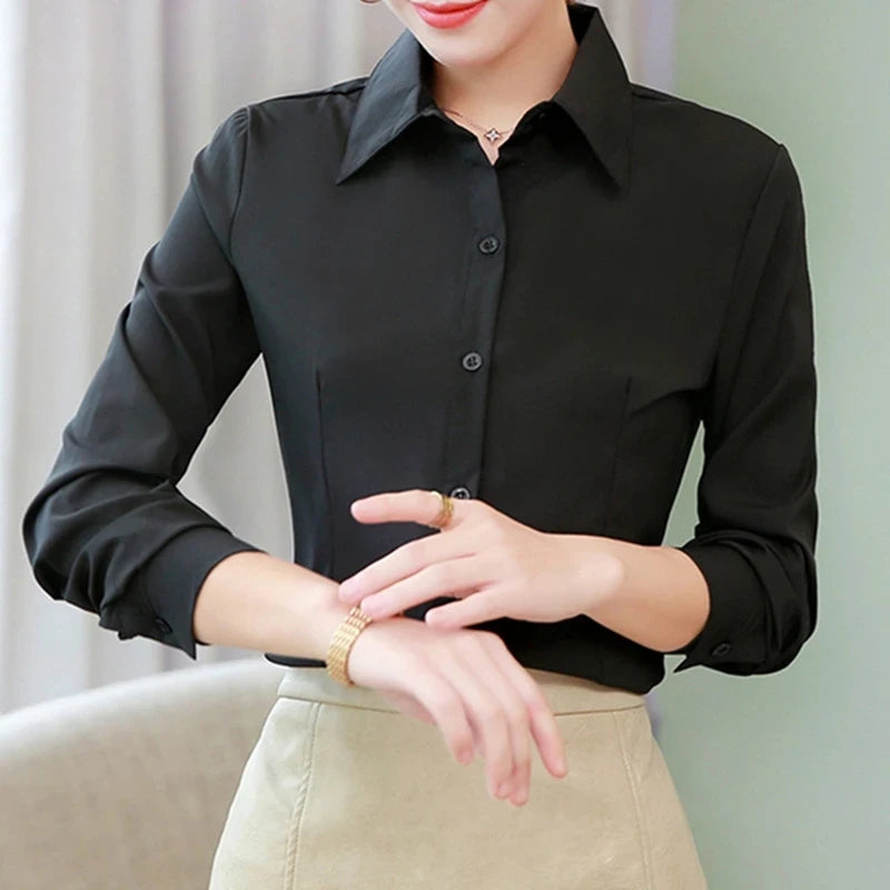 Elegant Women Shirts Woman White Shirt Long Sleeve Blouse Office Lady business Pink Shirts Button Solid Women work Blouses Tops