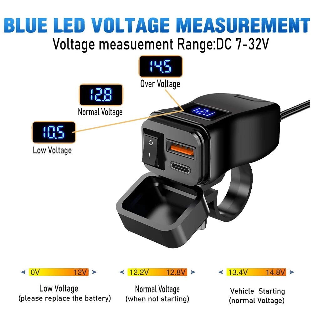 PD+QC3.0 Motorcycle USB Fast Charger 60W Handlebar Dual USB Socket with Switch Voltmeter Waterproof 12V Power Supply Adapter