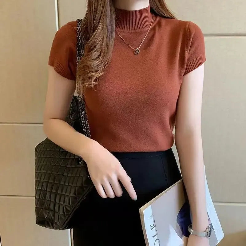 Women's Half-High Neck T-Shirt Fashion Jumper Casual Tops Korean Style Elegant Solid-Coloured Clothing Spring And Summer Season