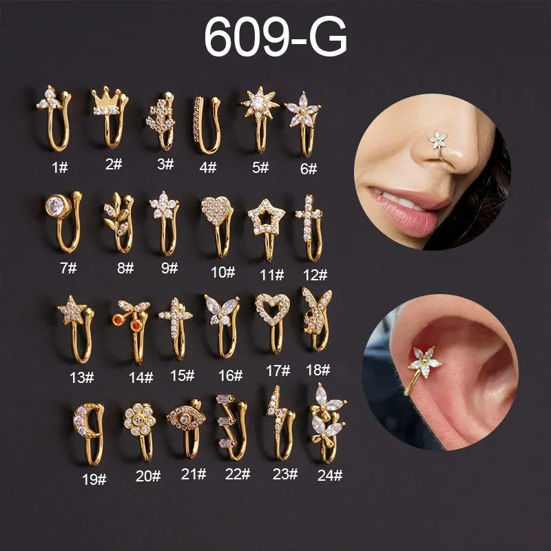 1PC Zircon Fake Nose Rings Non Piercing Clip On Nose Ring U-shaped Noseclip Women Flower Butterfly Crown Body Piercing Jewelry