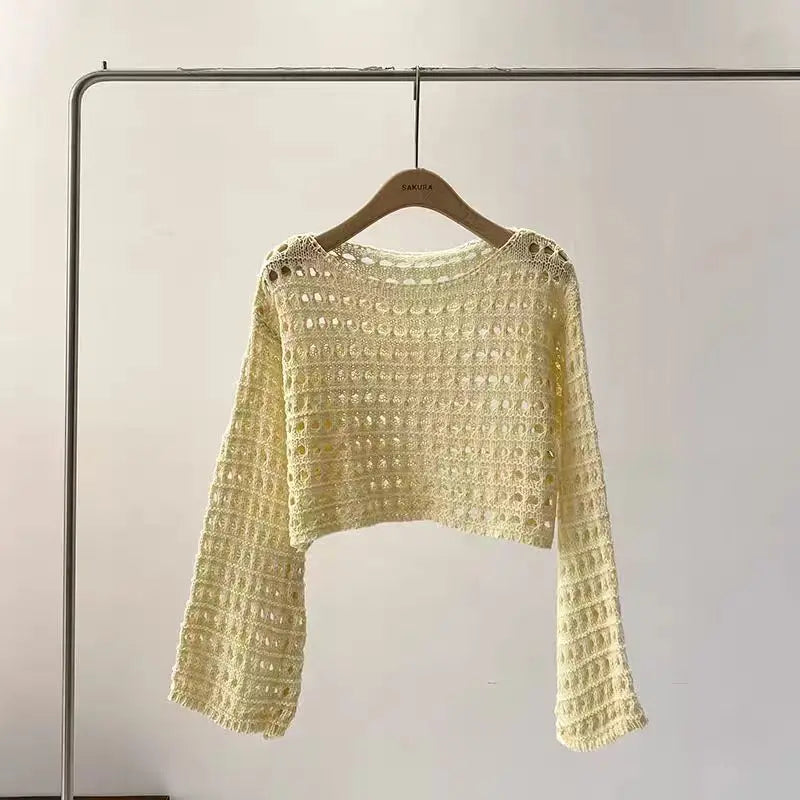 Long Sleeve Crochet Knit Top Summer Beach Bikini Cover Up Crop Pullover Wool Knitwear Blouse Women Vacation Boho Outfit