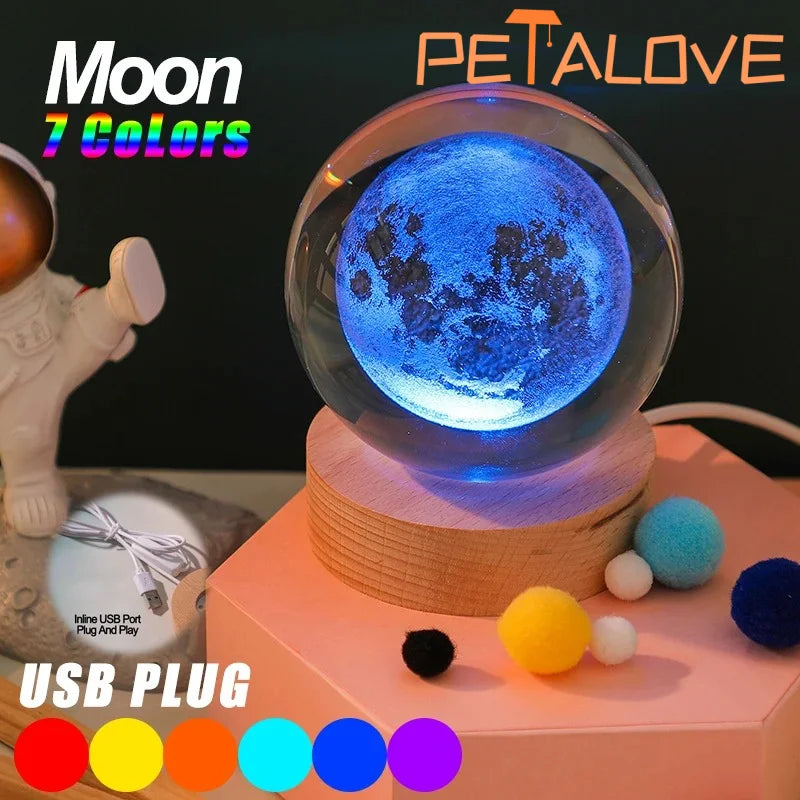 Crystal Ball LED Night Light Colorful Saturn Solar System 3D Moon Table Lamp USB Bedroom Atmosphere Lamp for Birthday Kid Gift