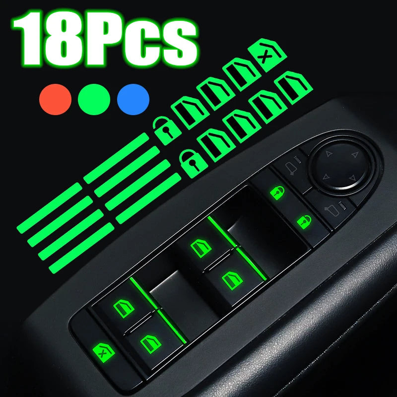 18Pcs/set Car Luminous Door Window Lift Button Stickers Car Windows Control Panel Decals Car Interior Sticker Auto Accessories