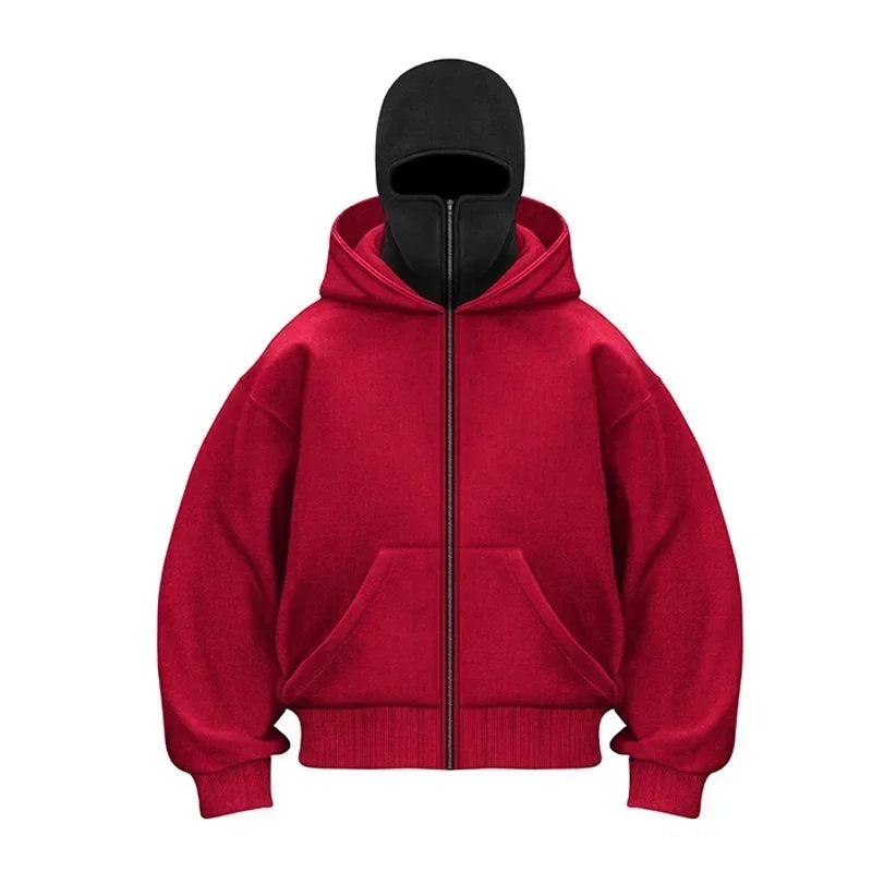 Balaclava Men Zip Hoodie Winter Warm Casual Sweatshirt Y2K with Hooded Face Mask Zipper Design Sports Jacket Outdoor Activities