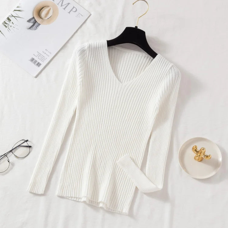 Autumn Winter Women Sweaters Casual Long Sleeve Knitted V Neck Pullover Sweater Femme Basic Solid Jersey Tops Fashion Clothes