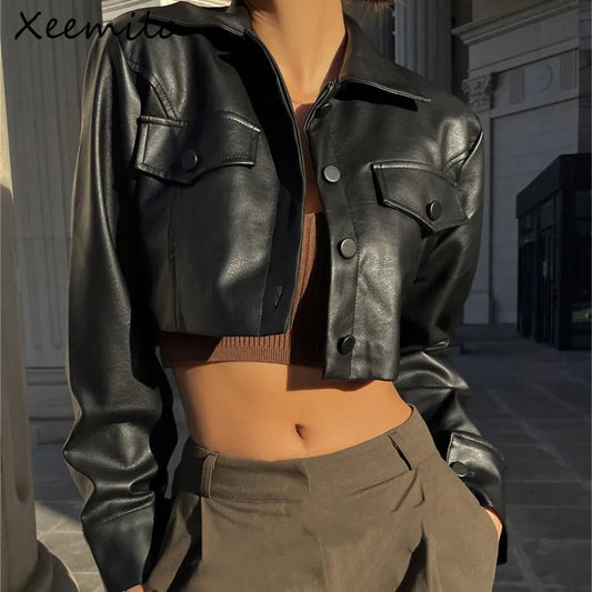 Xeemilo Autumn Faux Leather Short Jacket Y2K Turn-down Collar Fashion Botton Decoration PU Coat 2022 Grunge Street Casual Coats