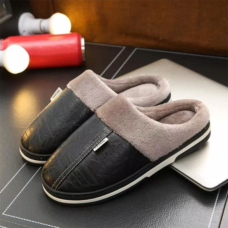 Casual Men Slippers Indoor PU Leather Women House Waterproof Warm Home Fur Slipper Male Couple Shoes Fluffy Slide Couples Shoes