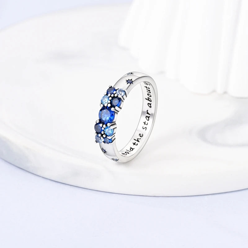 925 Sterling Silver Fashion Blue Star Cipher Ring Women's Fine Engagement Daily Match Party Jewelry Gift