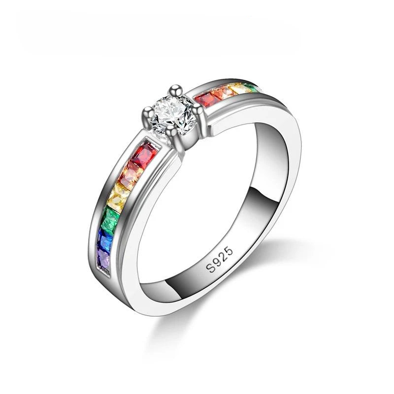 Real 100% 925 Sterling Silver Color Rainbow Cubic Zircon Rings For Women Wedding Lovely Engagement Proposal Ring Accessory