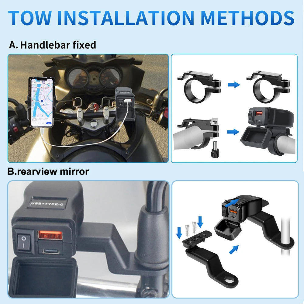 PD+QC3.0 Motorcycle USB Fast Charger 60W Handlebar Dual USB Socket with Switch Voltmeter Waterproof 12V Power Supply Adapter