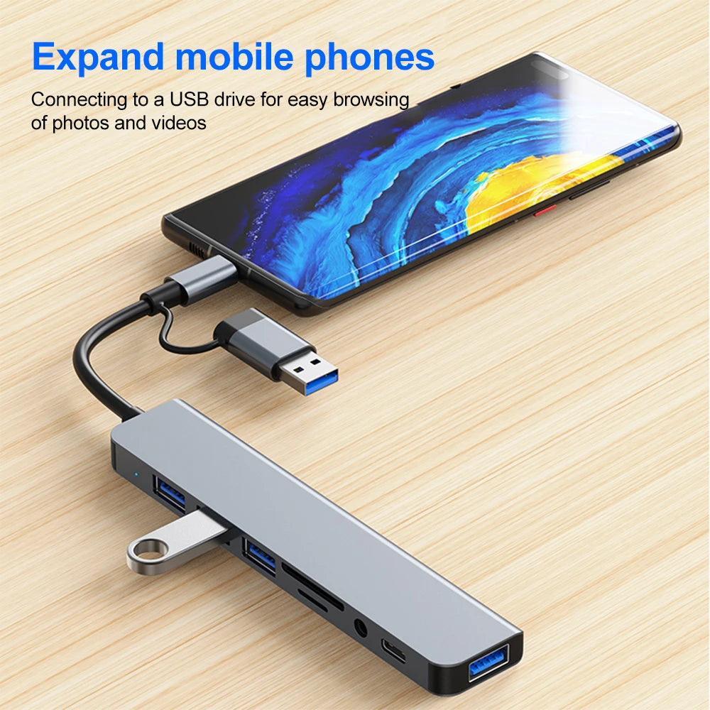 USB C Hub USB Hub 3.0,  Aluminum 7 in 1 USB Extender, USB Splitter with 1 X USB 3.0, 4 X USB 2.0 and 2 X USB C Ports