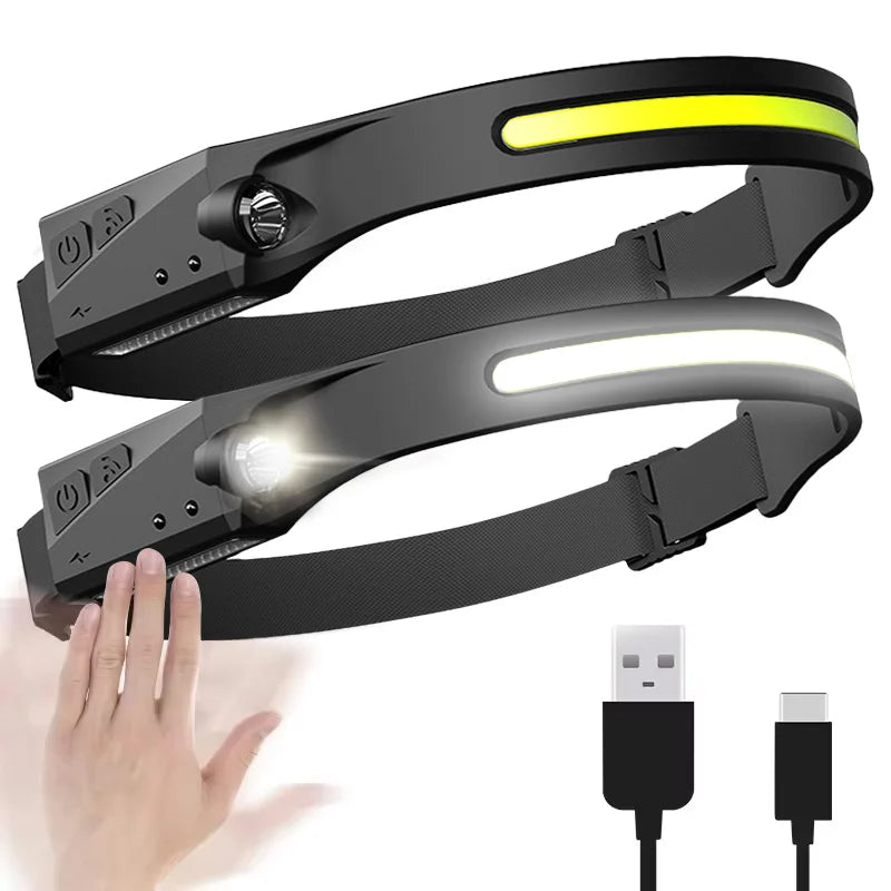 Induction Headlamp COB LED Sensor Head Lamp Built-in Battery Flashlight USB Rechargeable Head Torch 5 Lighting Modes Headlight