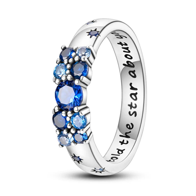 925 Sterling Silver Fashion Blue Star Cipher Ring Women's Fine Engagement Daily Match Party Jewelry Gift