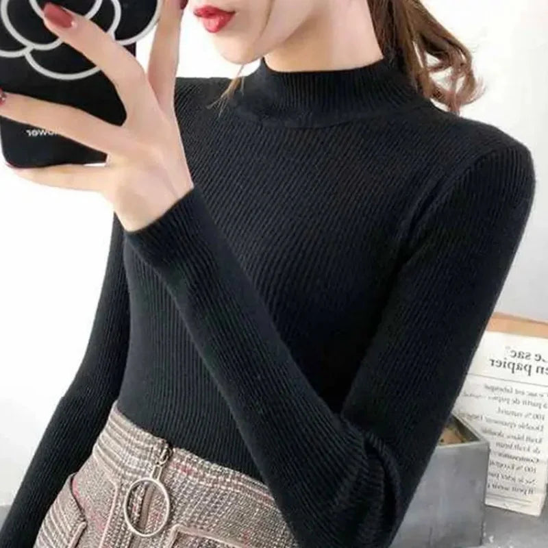 Autumn Winter Mock Neck Women Sweater Vintage Basic Solid Knitted Tops Casual Slim Pullover Korean Sweaters Simple Chic Jumpers