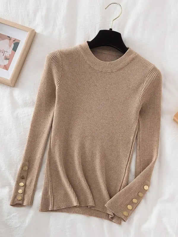 2024 women thick sweater pullovers khaki casual autumn winter button o-neck chic sweater female slim knit top soft jumper tops