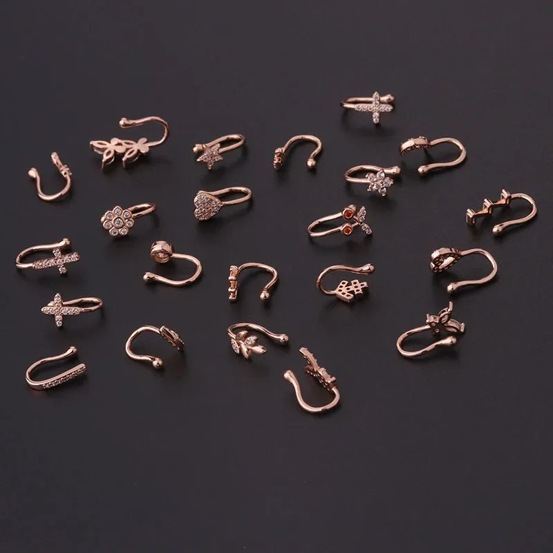 1PC Zircon Fake Nose Rings Non Piercing Clip On Nose Ring U-shaped Noseclip Women Flower Butterfly Crown Body Piercing Jewelry