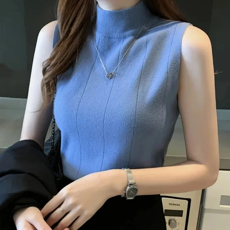 Korean Fashion Ladies Tops Spring New Summer Women Tops Casual Clothes Sleeveless Solid Women Blouse Knit Elastic Blusas