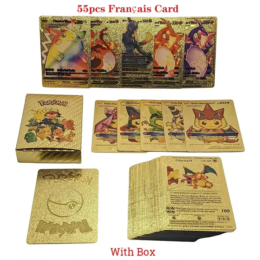 27-110Pcs Pokemon Gold Foil Card VMAX GX Cards English French Spanish German Pikachu Charizard Arceus Colour Pokémon Cards Gift