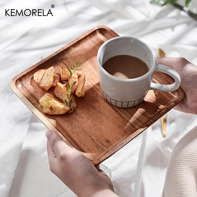 KEMORELA 1PCS Acacia Wood Coffee Tray Food CupTrays Decorative Wood Tray Dessert Candy Bamboo Tray Gongfu Tea Tray