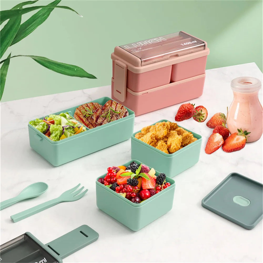 Double Layer Portable Lunch Box For Kids With Fork and Spoon Microwave Bento Boxes Dinnerware Set Food Storage Container