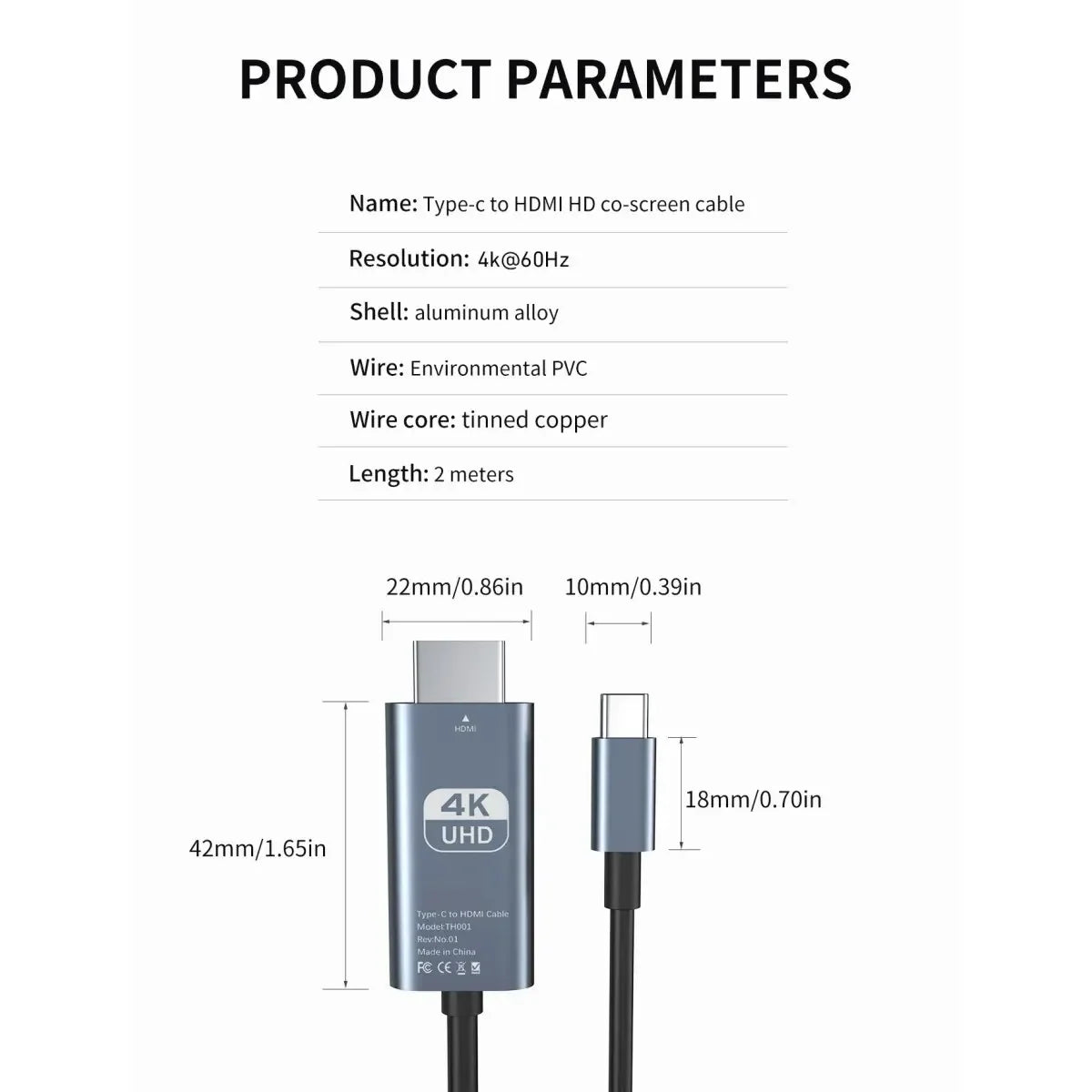 4K 60Hz HD Video Conversion Cable Typec To Hdmi Same Screen Cable TV Computer 2 Meters Braided Screen Projection Cable