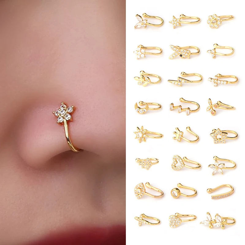 1PC Zircon Fake Nose Rings Non Piercing Clip On Nose Ring U-shaped Noseclip Women Flower Butterfly Crown Body Piercing Jewelry