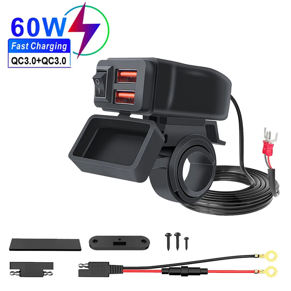 PD+QC3.0 Motorcycle USB Fast Charger 60W Handlebar Dual USB Socket with Switch Voltmeter Waterproof 12V Power Supply Adapter