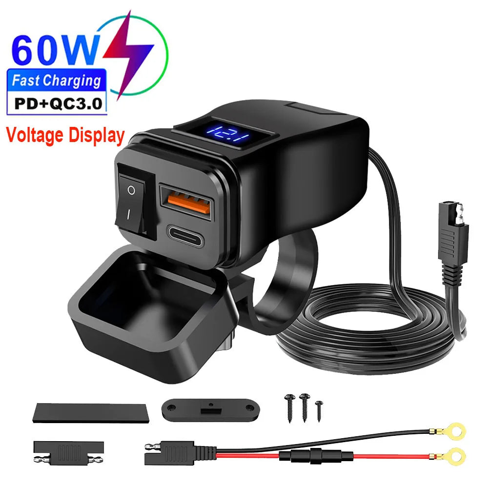 PD+QC3.0 Motorcycle USB Fast Charger 60W Handlebar Dual USB Socket with Switch Voltmeter Waterproof 12V Power Supply Adapter