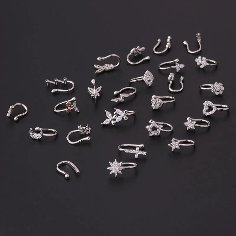 1PC Zircon Fake Nose Rings Non Piercing Clip On Nose Ring U-shaped Noseclip Women Flower Butterfly Crown Body Piercing Jewelry