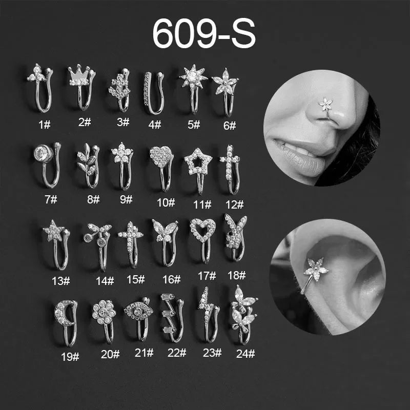 1PC Zircon Fake Nose Rings Non Piercing Clip On Nose Ring U-shaped Noseclip Women Flower Butterfly Crown Body Piercing Jewelry