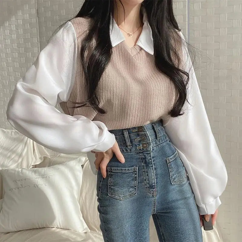 False Two-piece Polo Collar Women's Blouse Spring Casual Korean Shirt Y2k Tops Streetwear Loose Female Pullovers Elegant Blouses