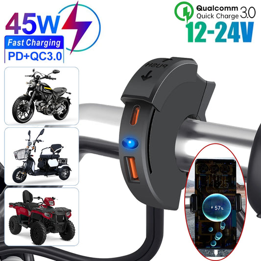 Motorcycle USB TYPE-C Charger PD QC3.0 Handlebar Fast Charging 12/24V Waterproof Handlebar Mounting Bracket Camera Phone Charger