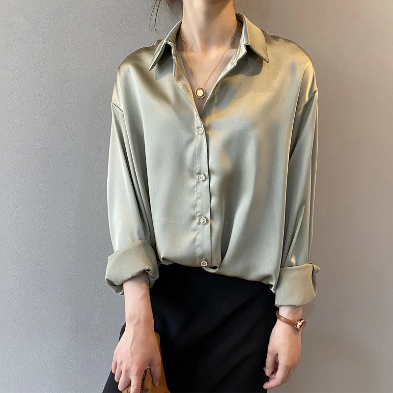 Elegant Satin Loose Women Shirt Spring Turn-down Collar Ladies Blouse Autumn Vintage Casual Button Silk Tops