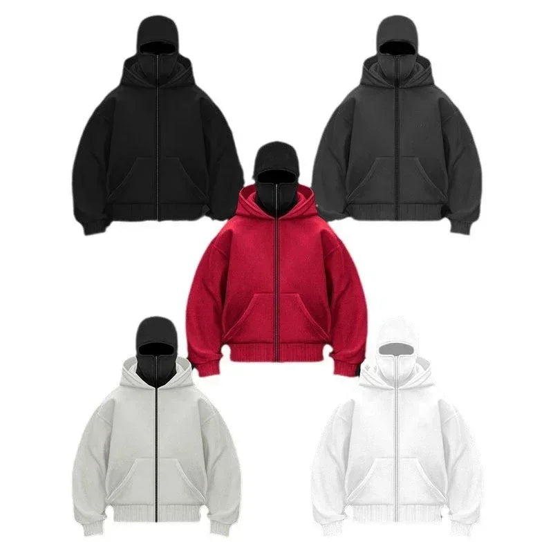 Balaclava Men Zip Hoodie Winter Warm Casual Sweatshirt Y2K with Hooded Face Mask Zipper Design Sports Jacket Outdoor Activities