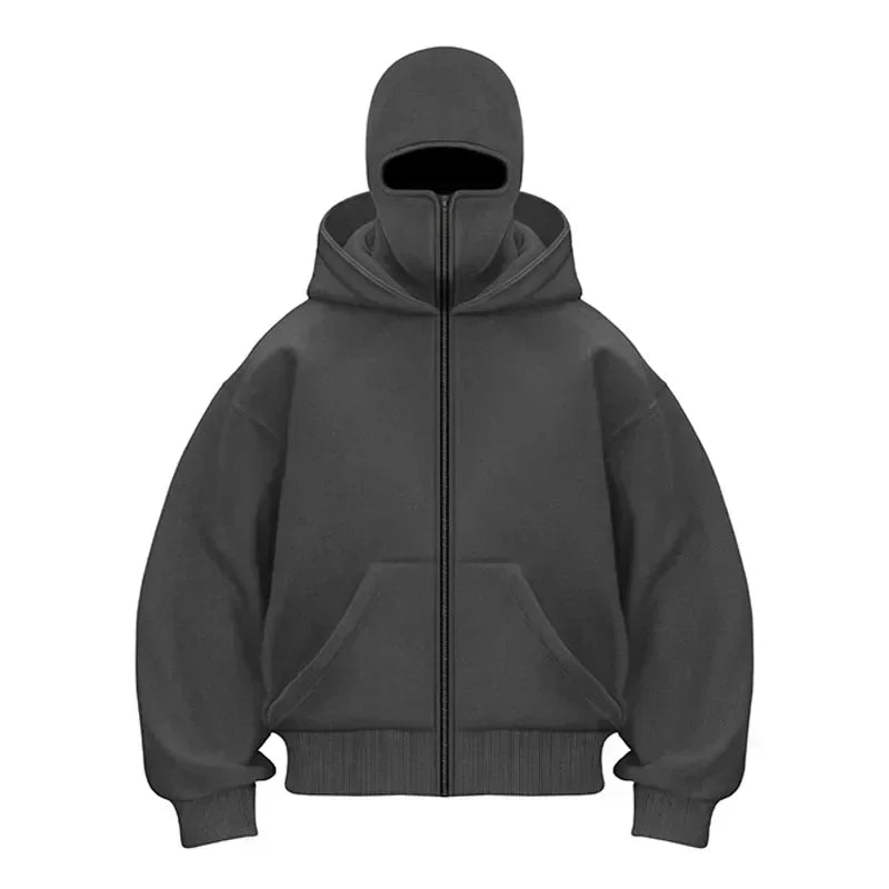 Balaclava Men Zip Hoodie Winter Warm Casual Sweatshirt Y2K with Hooded Face Mask Zipper Design Sports Jacket Outdoor Activities