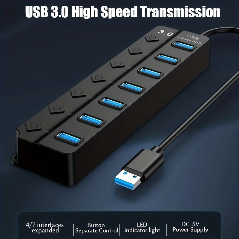 4/7-Port USB 3.0 Hub with LED Indicator Independent Switch Control for Laptop Flash Drive Hard Disk Printer Camera Keyboard