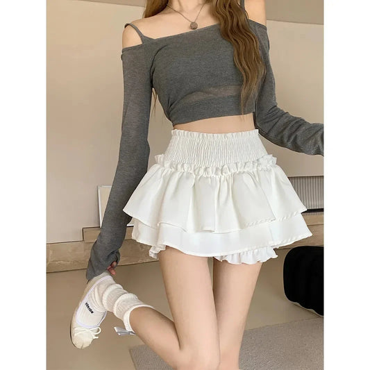 Black Ruffled Skirt For Women High-waisted Slimming A- line Minimalist Summer Ballet-inspired Cake Skirt Anti-exposure Shorts