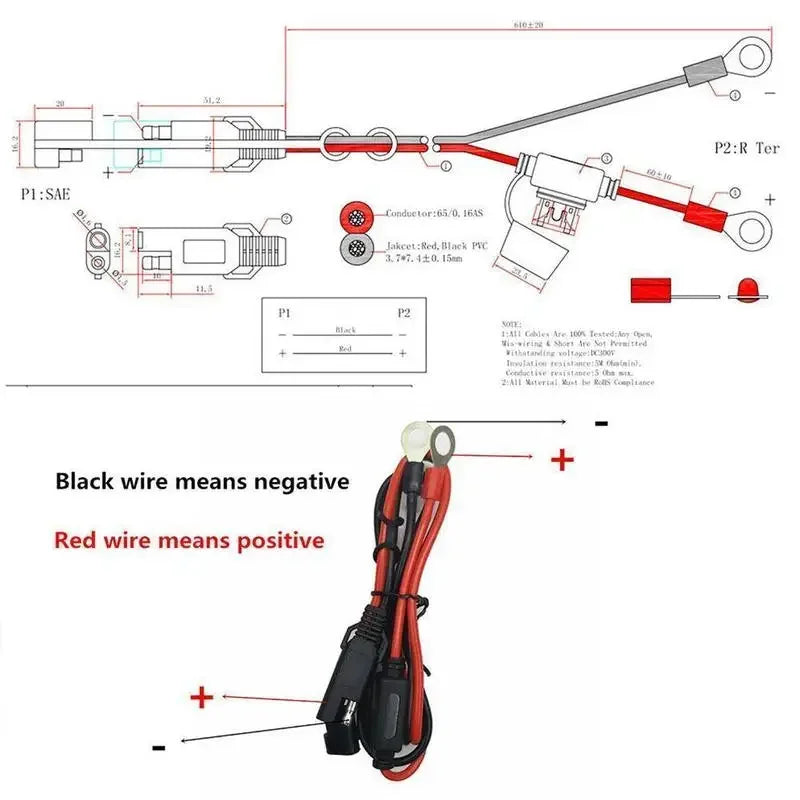 12V Charger Cable For Motorcycle Battery Terminal To SAE Quick Extension Cord Cable Connector For Battery Charger/Maintainer