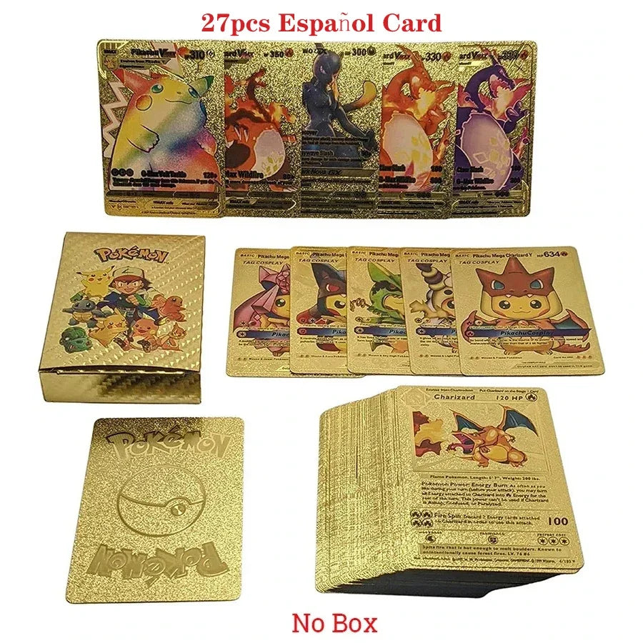 27-110Pcs Pokemon Gold Foil Card VMAX GX Cards English French Spanish German Pikachu Charizard Arceus Colour Pokémon Cards Gift