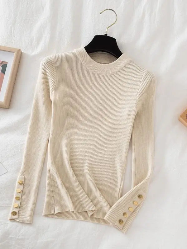 2024 women thick sweater pullovers khaki casual autumn winter button o-neck chic sweater female slim knit top soft jumper tops