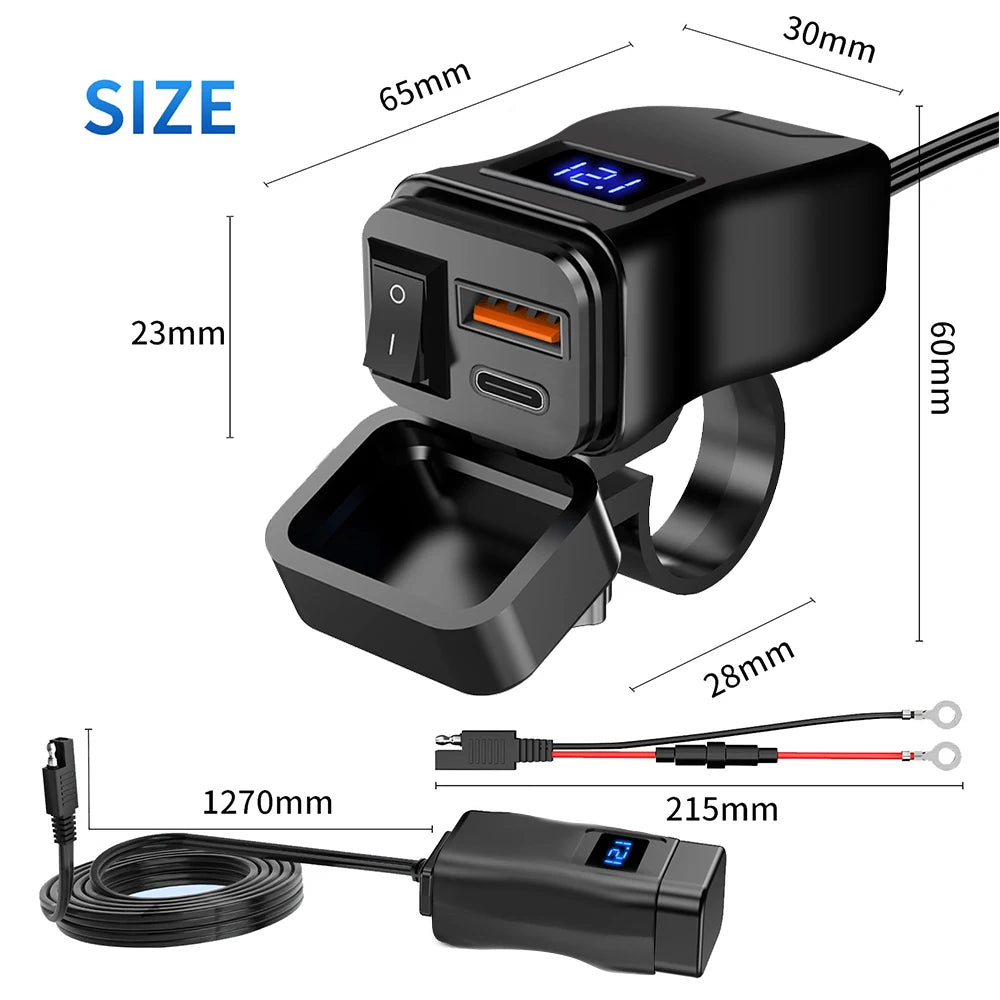 PD+QC3.0 Motorcycle USB Fast Charger 60W Handlebar Dual USB Socket with Switch Voltmeter Waterproof 12V Power Supply Adapter