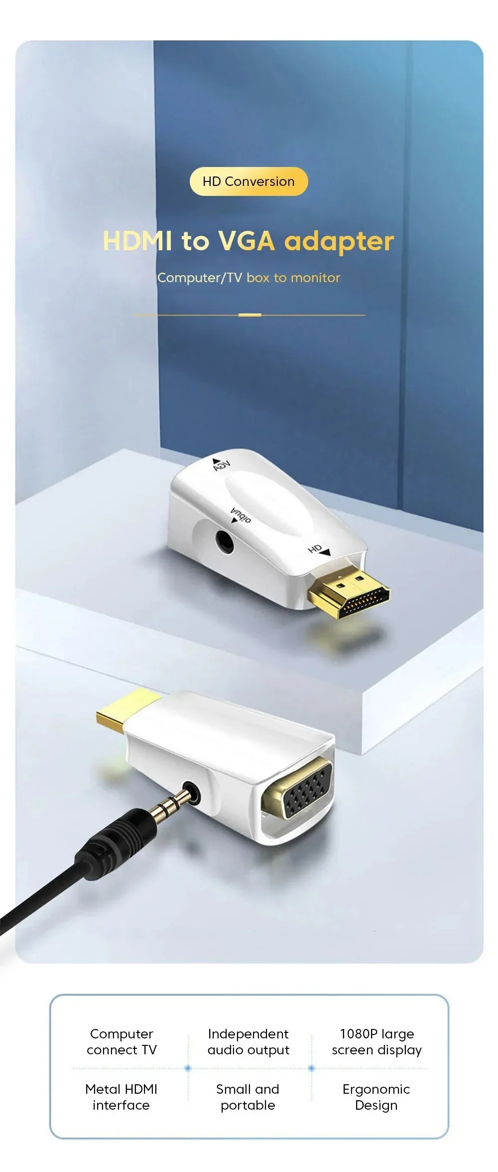 HDMI-compatible to VGA Cable Converter Male To Famale Converter Adapter 3.5mm Jack Audio HD 1080P For PC Laptop Tablet