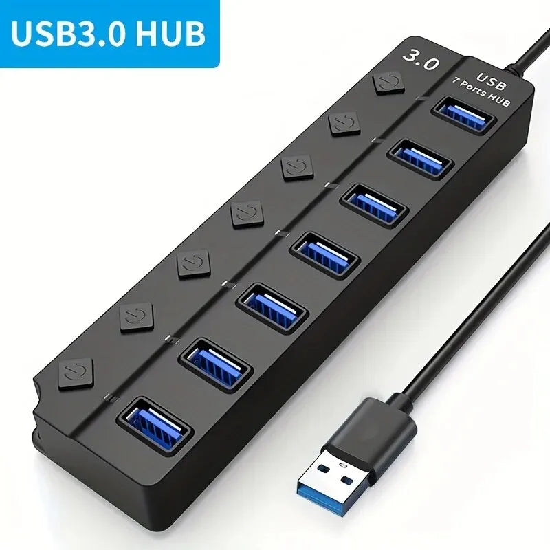 4/7-Port USB 3.0 Hub with LED Indicator Independent Switch Control for Laptop Flash Drive Hard Disk Printer Camera Keyboard