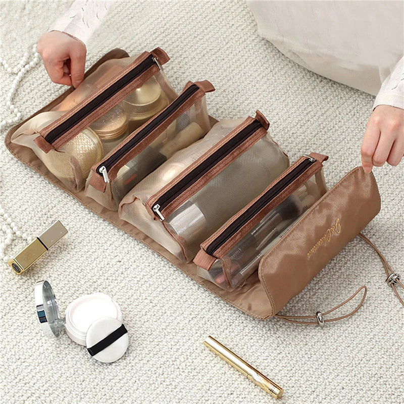 4PCS In 1 Cosmetic Bag for Women Zipper Mesh Separable Cosmetics Pouch Ladies Foldable Nylon Bag Rope Makeup Brushes Storage Bag