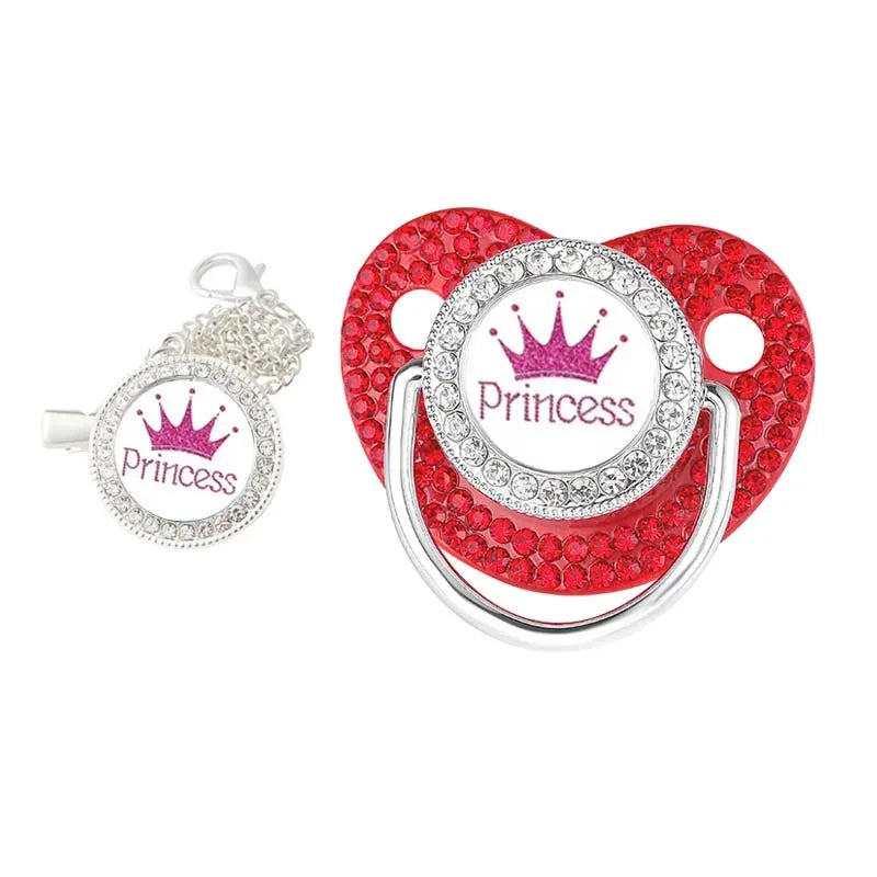 Luxury Rhinestones Baby Pacifier Chain Clips with Lid Princess Prince Crown Pacifiers Newborn Silicone Nipple Infant Shower Gift